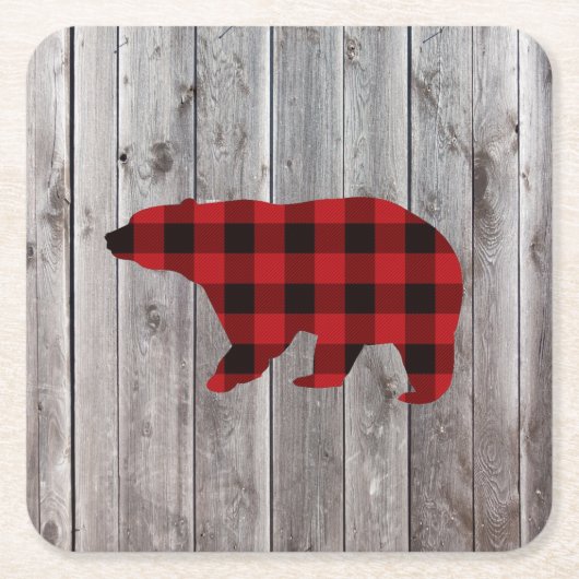 Rustige bosgrond beer met rode buffelplaat vierkante kartonnen onderzetter (Voorkant)