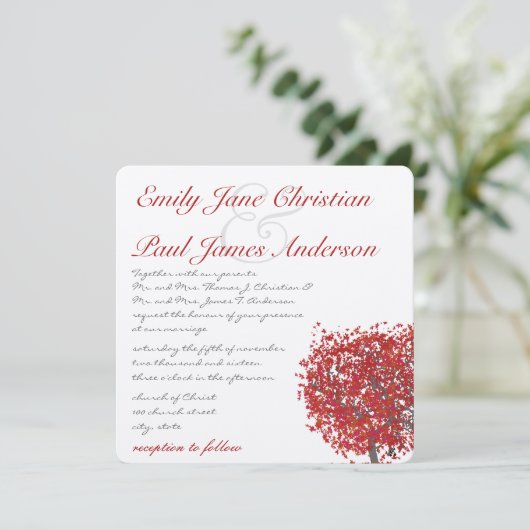 Rustige bosrode bomen bruiloft kaart (Staand voorkant)