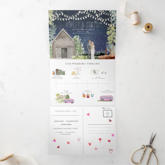 Rustige Bossen Barn Wedding | Tri-Fold-uitnodiging Drieluik Uitnodiging (Binnen)
