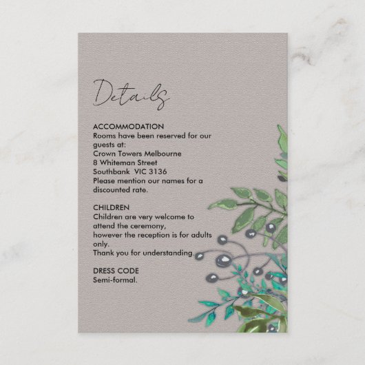 Rustige botanische Bleke grijze bruiloft — details Informatiekaartje (Voorkant)