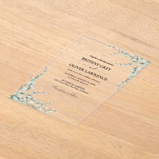 Rustige botanische Eucalyptus Greenery Wedding Acryl Uitnodigingen (Laagn)