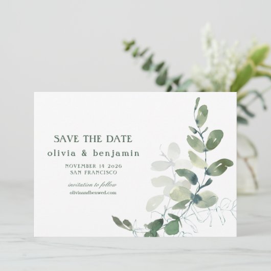 Rustige botanische eucalyptusbruiloft save the date (Staand voorkant)