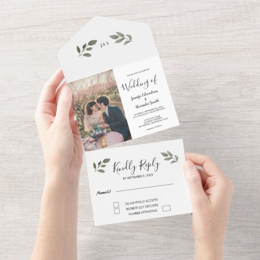 Rustige botanische monogram foto Weddenschap All In One Uitnodiging (Afscheurbaar)