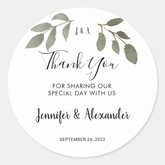 Rustige botanische monogrammen Dank je bruiloft Ronde Sticker (Voorkant)