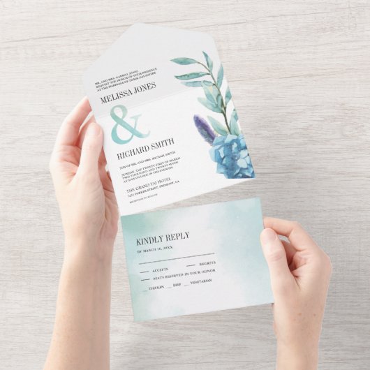 Rustige botanische mosterdblauw huwelijk all in one uitnodiging (Afscheurbaar)