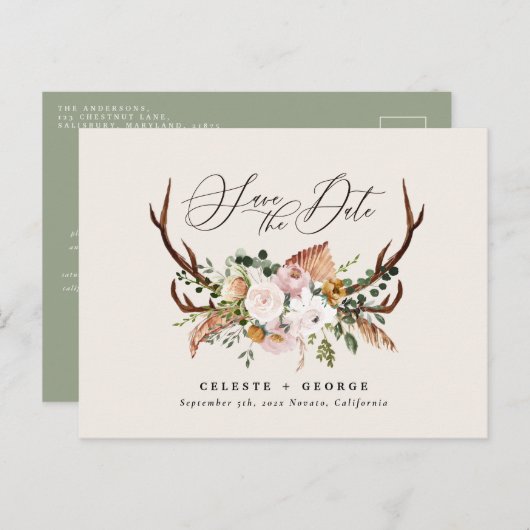 Rustige botanische vlek bruiloft elegant sage gree aankondigingskaart (Voorkant / Achterkant)