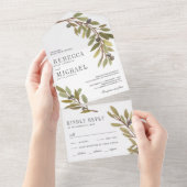 Rustige botanische Waterverf Olive Branch Wedding All In One Uitnodiging (Afscheurbaar)