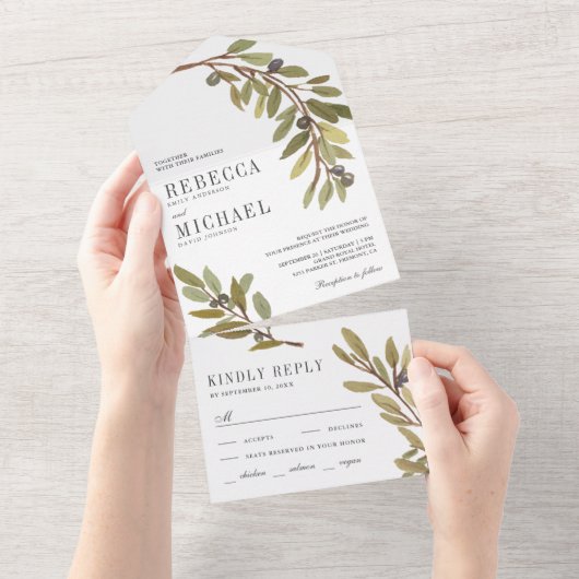 Rustige botanische Waterverf Olive Branch Wedding All In One Uitnodiging (Afscheurbaar)