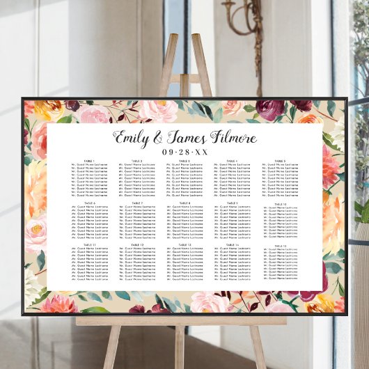 Rustige Bourgogne beige Floral Wedding Seating Poster