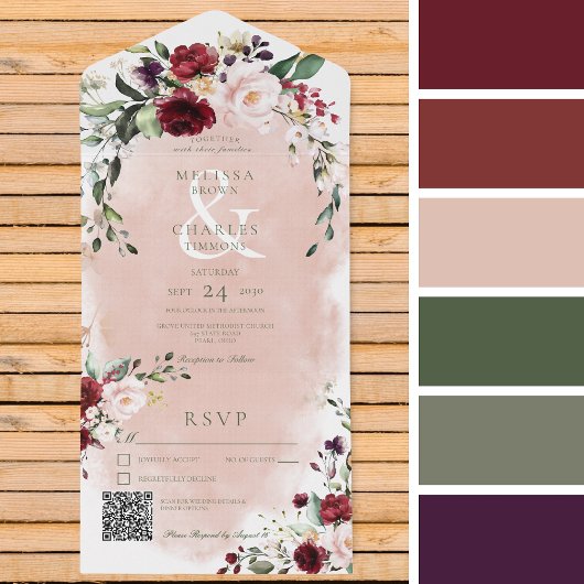 Rustige Bourgogne & Blush roze QR-code All In One Uitnodiging