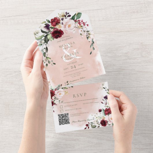 Rustige Bourgogne & Blush roze QR-code All In One Uitnodiging (Afscheurbaar)