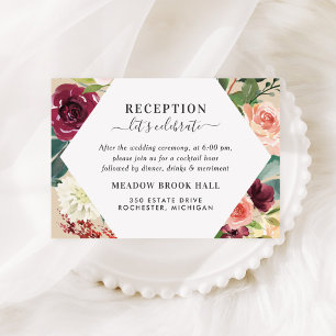Rustige Bourgogne Floral Diamond Wedding Reception Informatiekaartje