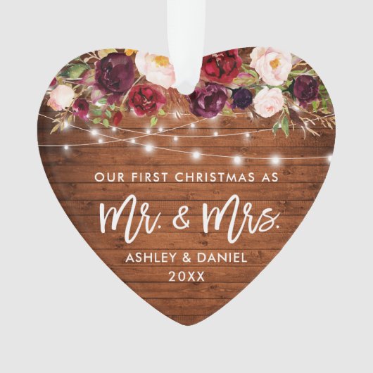 Rustige Bourgogne Floral licht eerste kerstmis Ornament (voorkant)