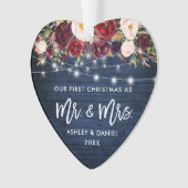 Rustige Bourgogne Floral licht kerstblauw Ornament (voorkant)