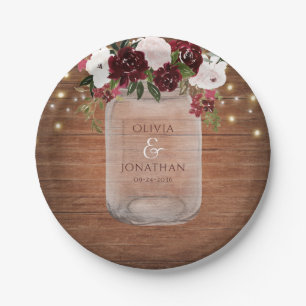 Rustige Bourgogne Floral Mason Jar Wedding Papieren Bordje