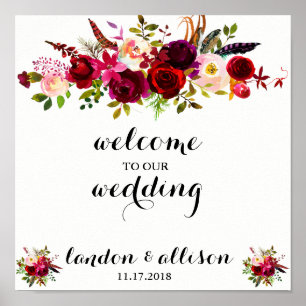 Rustige Bourgogne Floral Waterverf bruiloft Poster