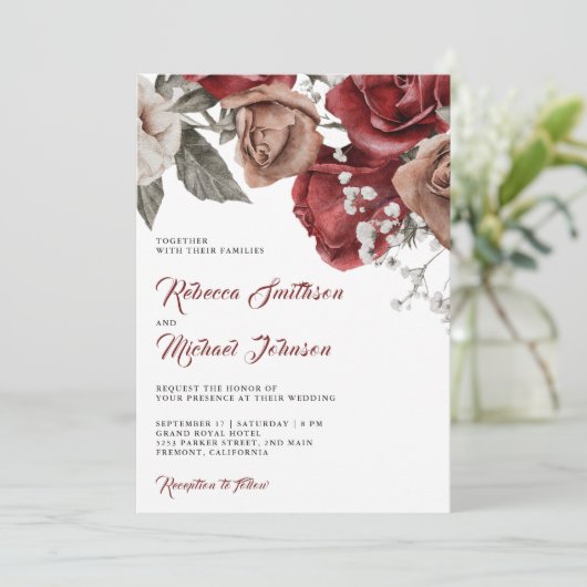 Rustige Bourgogne Rozen in één QR-code bruiloft Kaart (Staand voorkant)