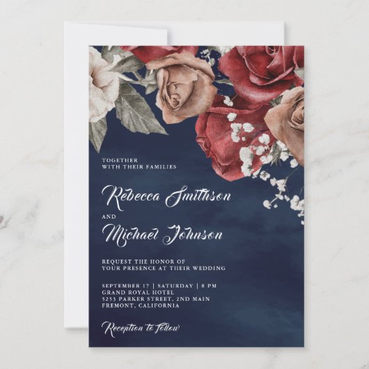 Rustige Bourgogne Rozen QR Code Navy Blue Wedding Kaart (Voorkant)