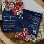 Rustige Bourgogne Rozen QR Code Navy Blue Wedding Kaart