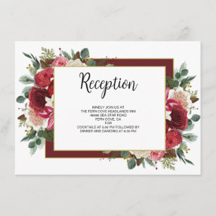 Rustige Bourgogne Winter Floral Wedding Reception Informatiekaartje
