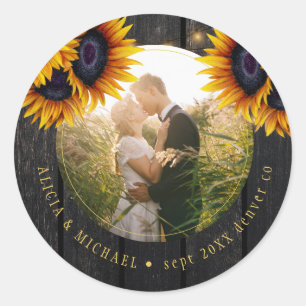 Rustige bruidfoto gepersonaliseerd zonnebloemen ho ronde sticker