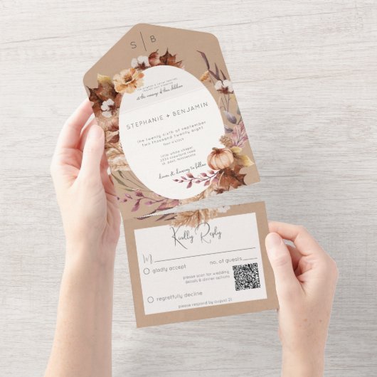 Rustige bruine Herfst — KR-code All In One Uitnodiging (Afscheurbaar)