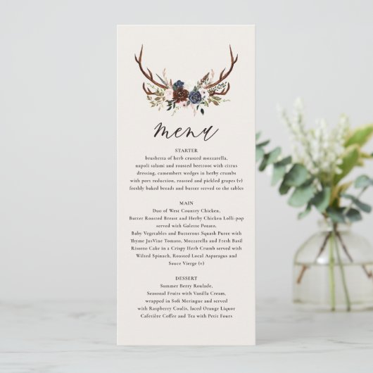 Rustige bruine marinevlinder met botanische bruilo menu (Staand voorkant)
