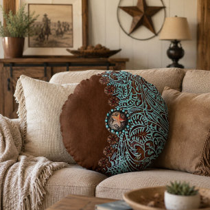 Rustige bruine turquoise western country patroon rond kussen