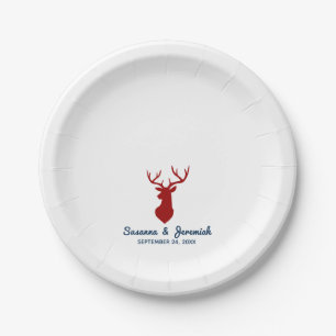 Rustige Buck Deer in Red en Blue Wedding Reception Papieren Bordje