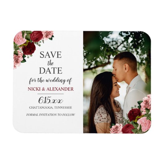 Rustige Burgundy Blush Pink Floral Wedding Save Da Magneet (Horizontaal)
