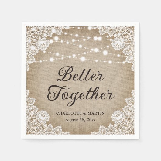 Rustige Burlap Lace String Lights Wedding Servet (Voorkant)