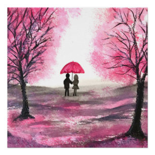 Rustige Cherry Blossoms Love koppel Red Umbrella Perfect Poster