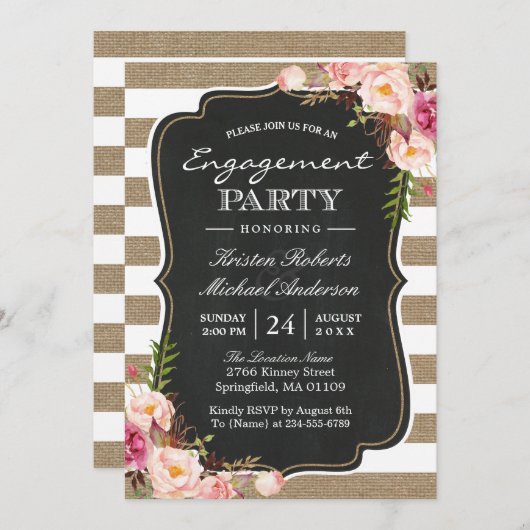 Rustige Chic Burlap Stripes Floral Engagement Part Kaart (Voorkant / Achterkant)