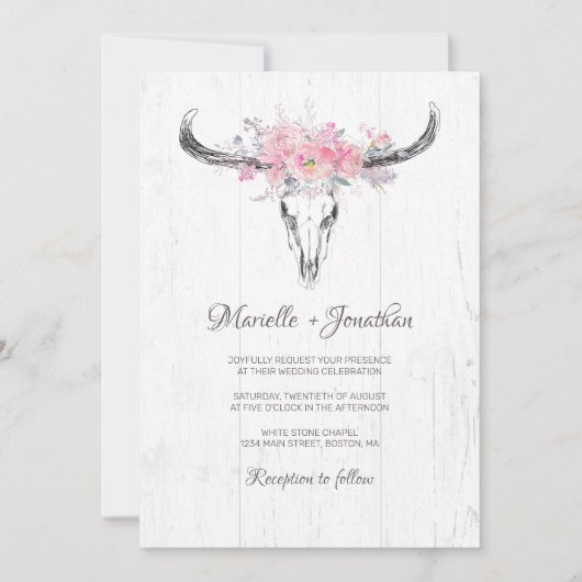 Rustige Cow Skull Boho Blush Floral Waterverf Kaart (Voorkant)
