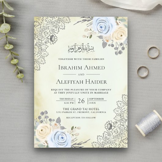 Rustige Cream Soft Blue Floral Lace Muslim Wedding Kaart
