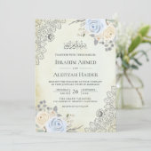 Rustige Cream Soft Blue Floral Lace Muslim Wedding Kaart (Staand voorkant)