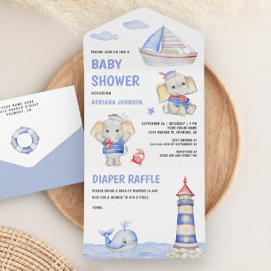 Rustige Cute Olifant Nautilus Boot Baby Shower All In One Uitnodiging