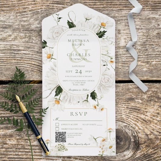 Rustige dagen en witte bloemen QR-code All In One Uitnodiging