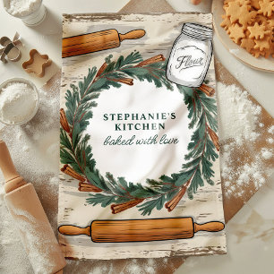 Rustige deegrollerkrans gepersonaliseerd kerstfees theedoek