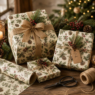 Rustige dennenappels groenblijvende hulst mannelij cadeaupapier