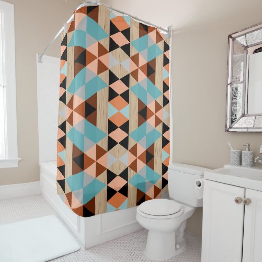Rustige Diamond Squares Triangles Wood Art Pattern Douchegordijn (In situ)