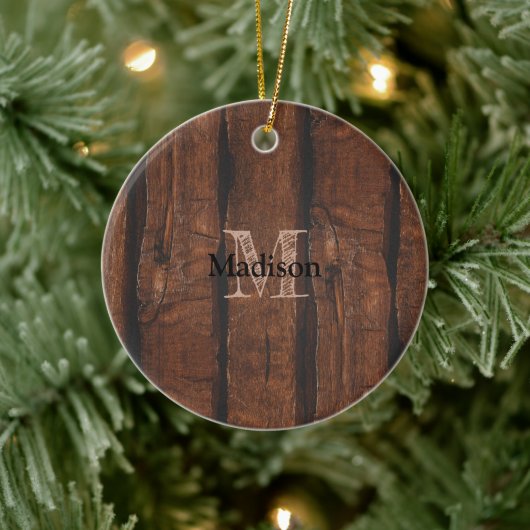 Rustige, donkerbruin, oud hout Monogram Keramisch Ornament (Boom)