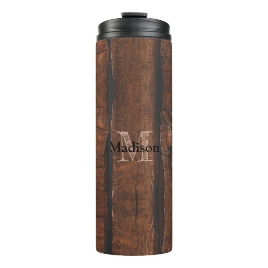 Rustige, donkerbruin, oud hout Monogram Thermosbeker (Voorkant)