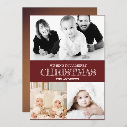Rustige donkerrode winter Kerst foto collage H Feestdagenkaart (Voorkant / Achterkant)