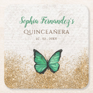 Rustige  Emerald Green Gold Butterfly Squar Vierkante Kartonnen Onderzetter
