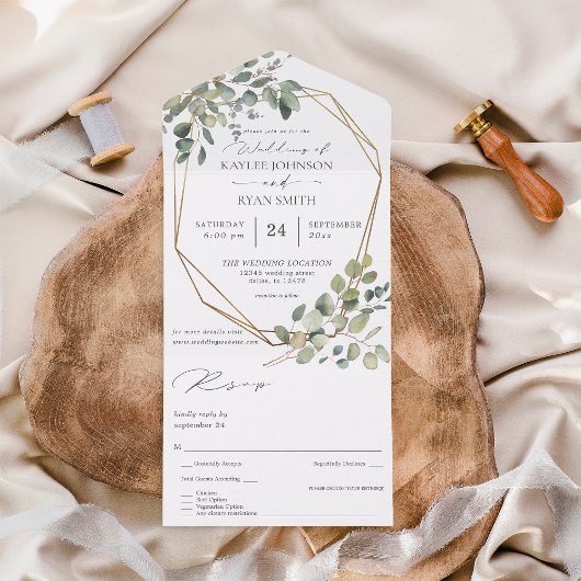 Rustige eucalyptus en goudweddenschap all in one uitnodiging