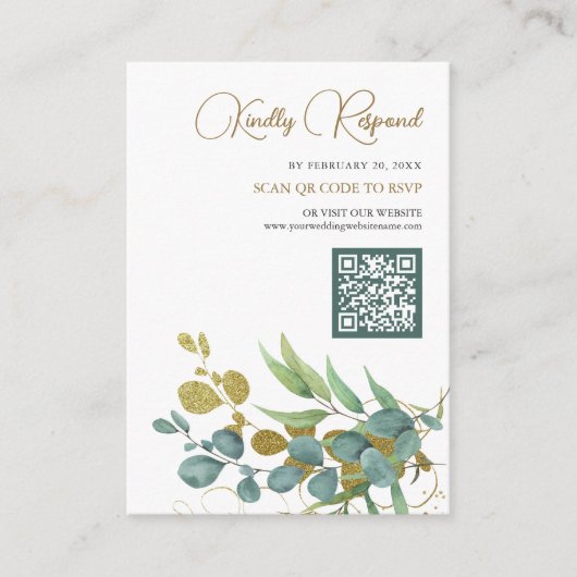 Rustige Eucalyptus Gold Branch QR-code RSVP Wedden Informatiekaartje (Voorkant)