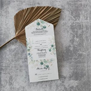 Rustige Eucalyptus Gold Floral Wedding All In One Uitnodiging