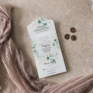 Rustige Eucalyptus Gold Floral Wedding All In One Uitnodiging