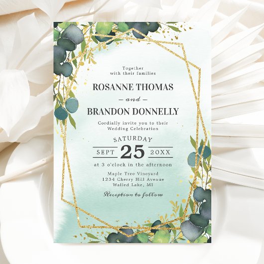Rustige Eucalyptus Gold Geometric Wedding Kaart